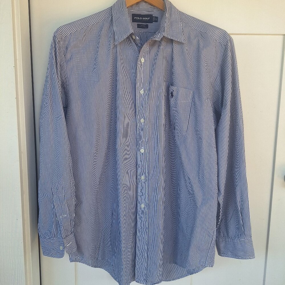 Vintage Polo Golf Ralph Lauren Blue white Striped Men XL Long Sleeve Button Down